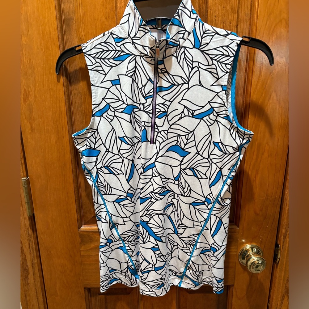 Tail Golf Sleeveless Leaf Print Women's Top - Turquoise and White